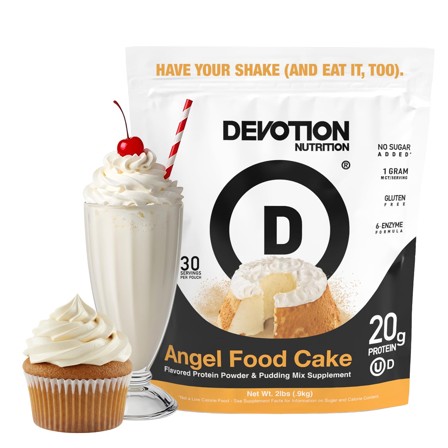 Devotion Nutrition frente del paquete mostrando cantidad y sabor con conveniencia