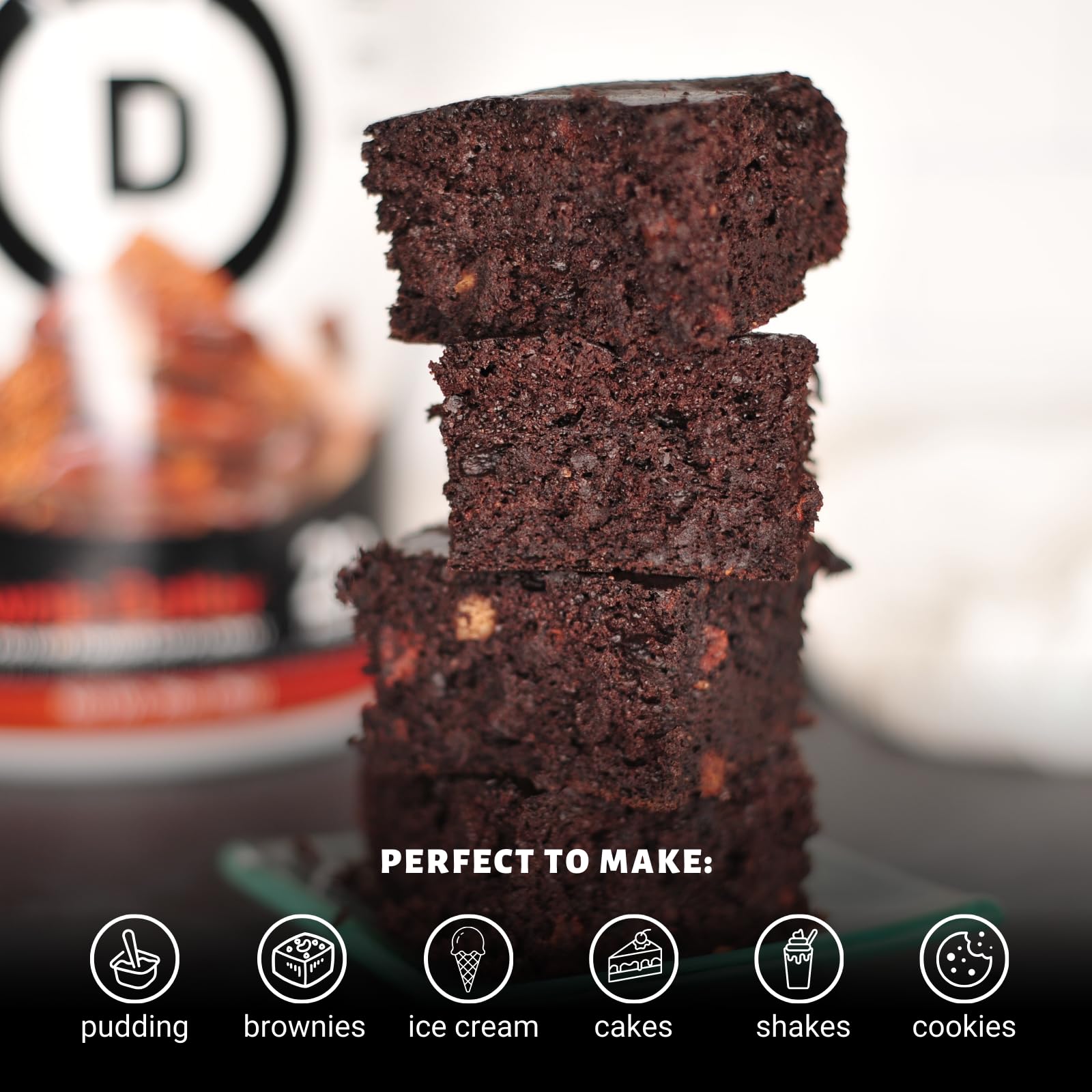 Etiqueta nutricional de Devotion Brownie Batter mostrando macros y certificaciones