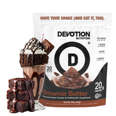 Devotion Nutrition envase frontal mostrando 2 lb y sabor brownie para uso versátil