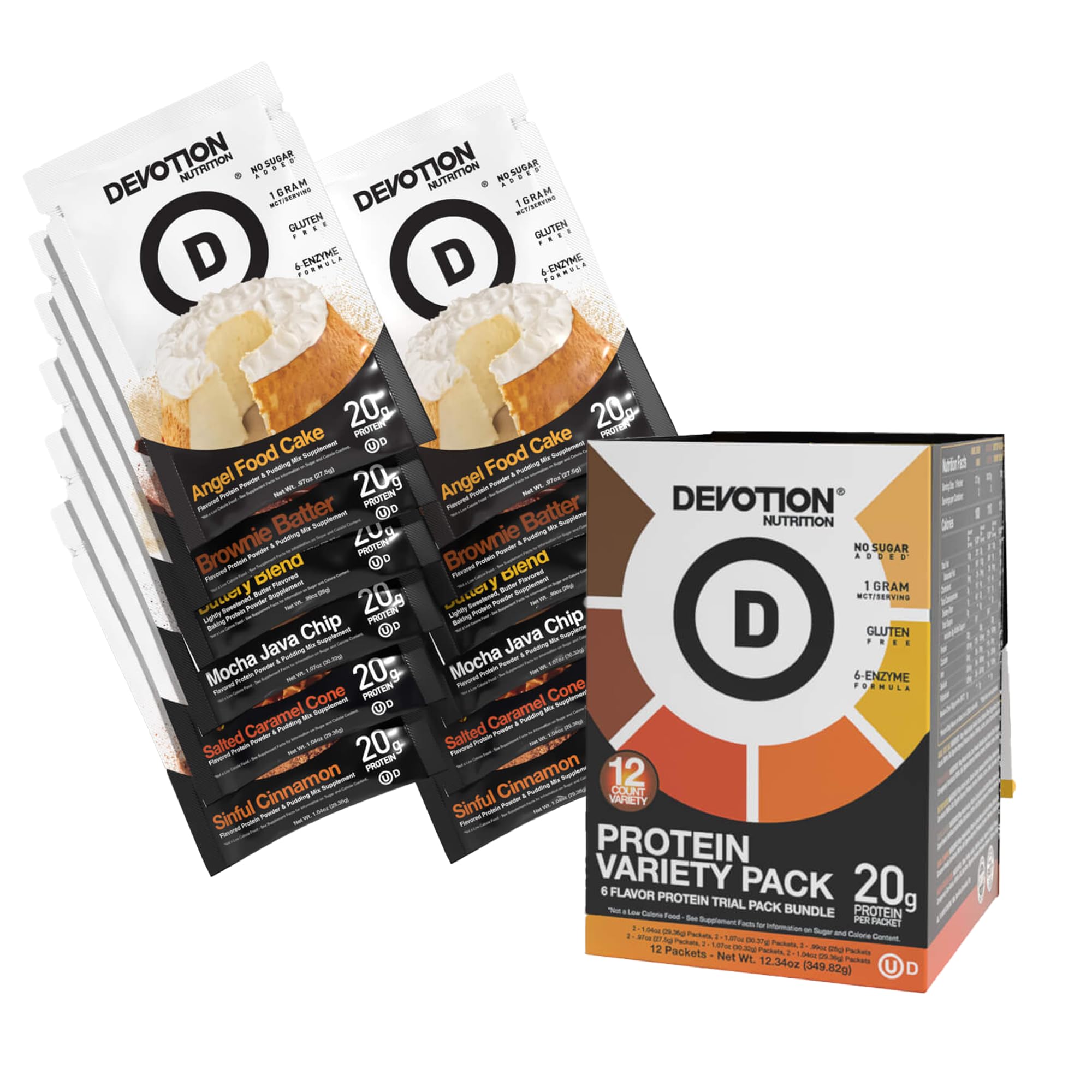 Devotion Nutrition frente del empaque variedad mostrando sabores y beneficios