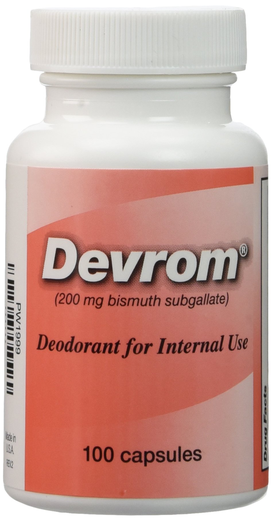 DEVROM frasco frontal 100 cápsulas, envase claro y cantidad visible para uso continuo