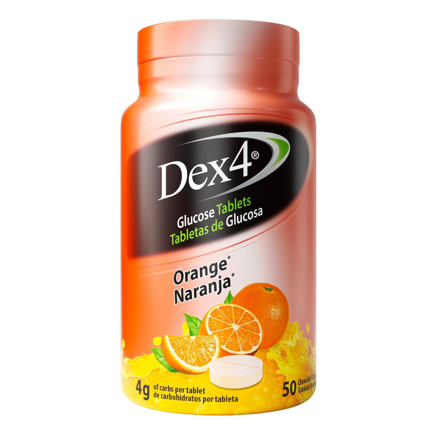 Frasco Dex4 naranja frontal mostrando diseño portátil y conveniencia