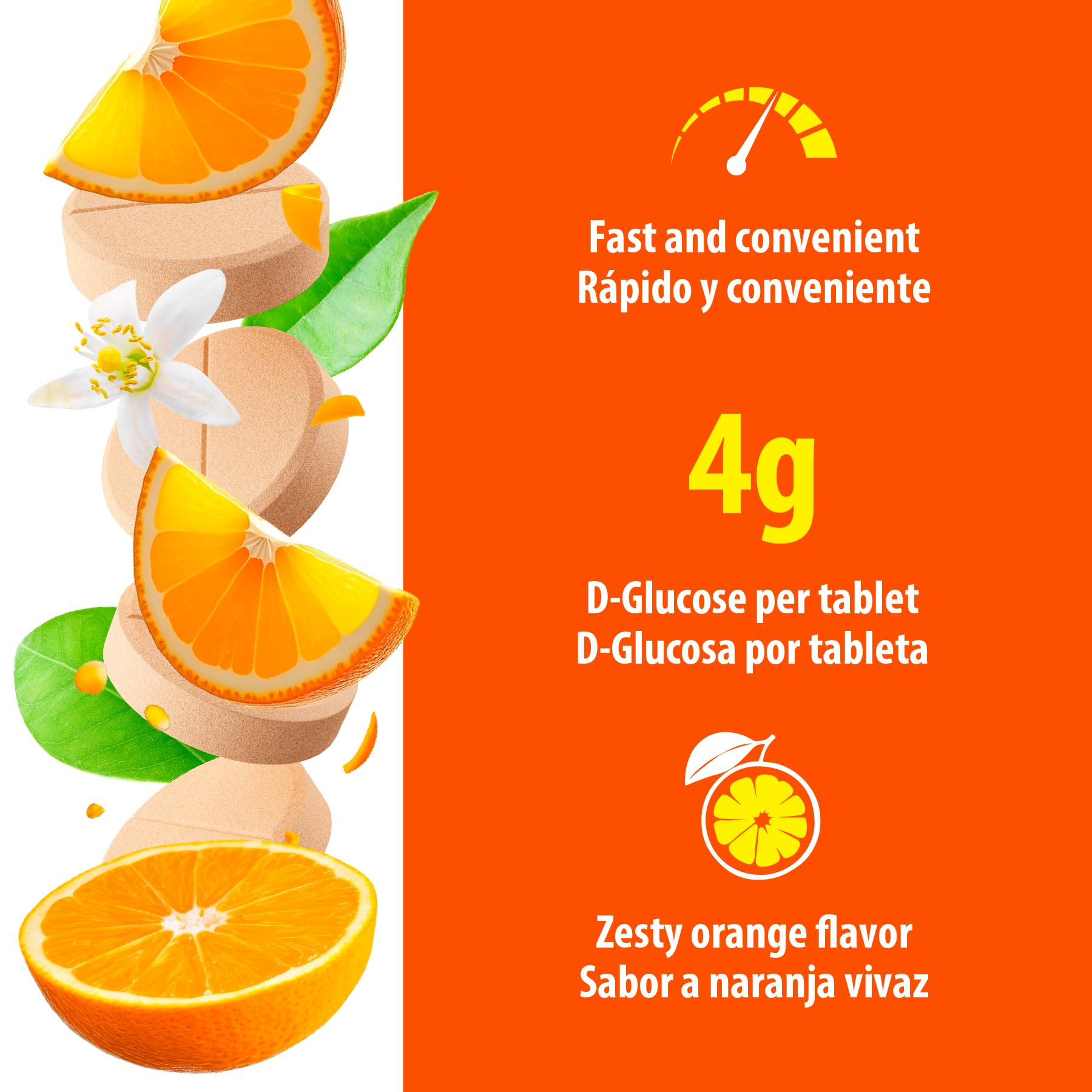 Close-up de tabletas Dex4 naranja mostrando textura y atractivo de sabor