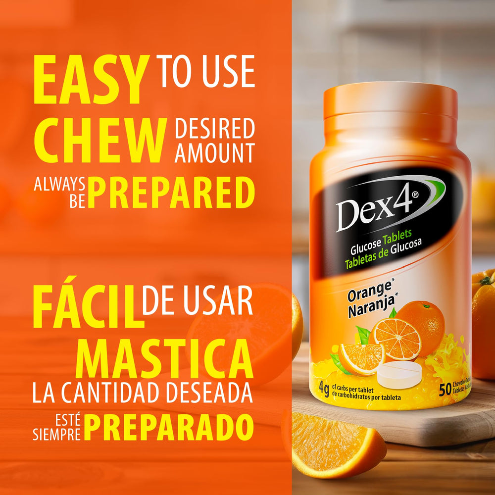 Persona tomando una tableta Dex4 naranja en movimiento para rápida reposición