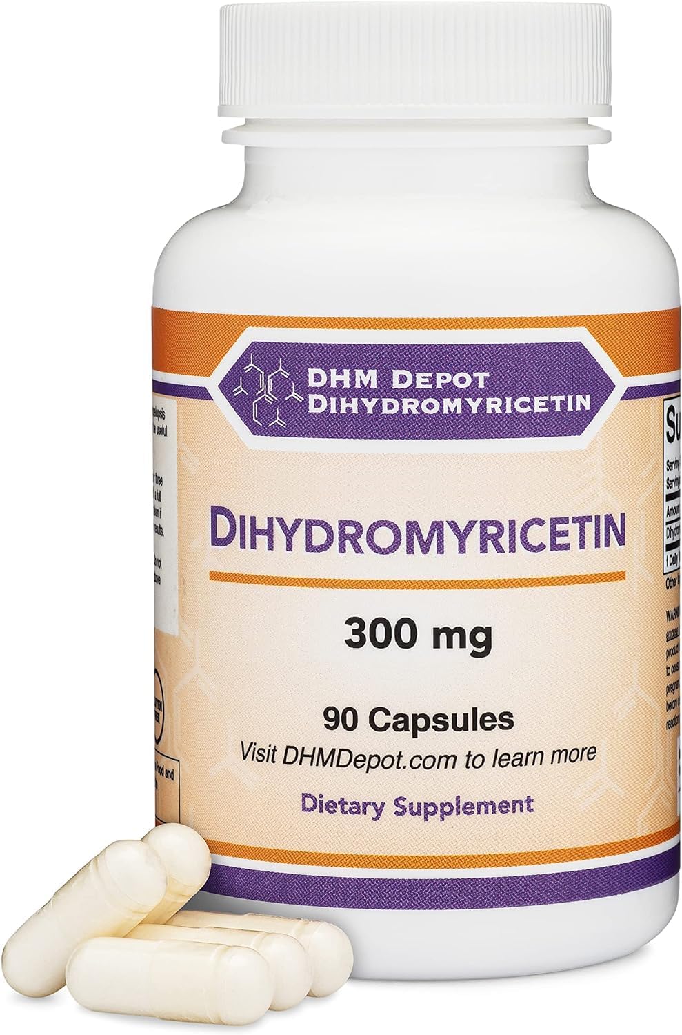 DHM Depot frasco frontal mostrando etiqueta clara y beneficios del producto