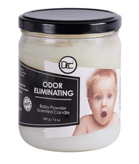 Dianne's Custom Candles vista frontal del frasco con aroma Baby Powder, neutraliza olores