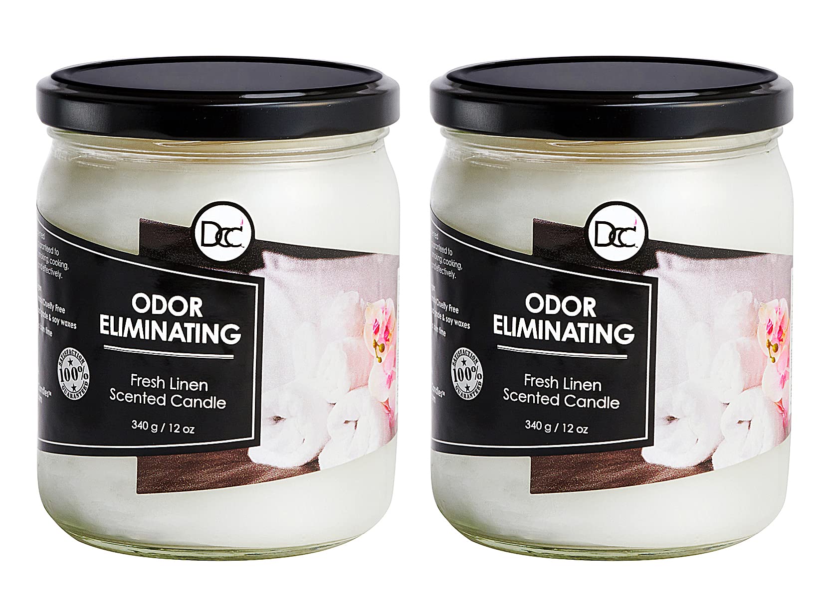 Dianne's Custom Candles frontal del empaque mostrando aroma Fresh Linen y beneficios