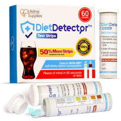 DietDetector envase frontal compacto mostrando 60 tiras y transporte fácil