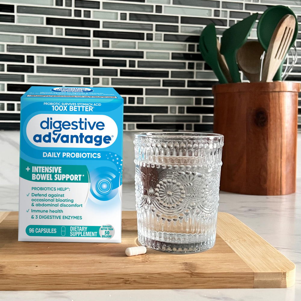 Estilo de vida en cocina con Digestive Advantage, sugiere uso cotidiano y bienestar digestivo