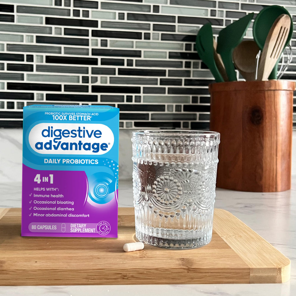 Digestive Advantage caja abierta con 80 cápsulas mostrando cantidad y formato