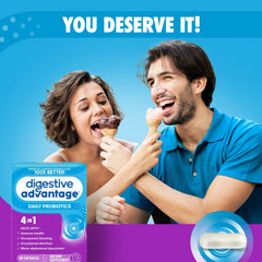 Digestive Advantage cápsula junto a regla para comparar tamaño y conveniencia