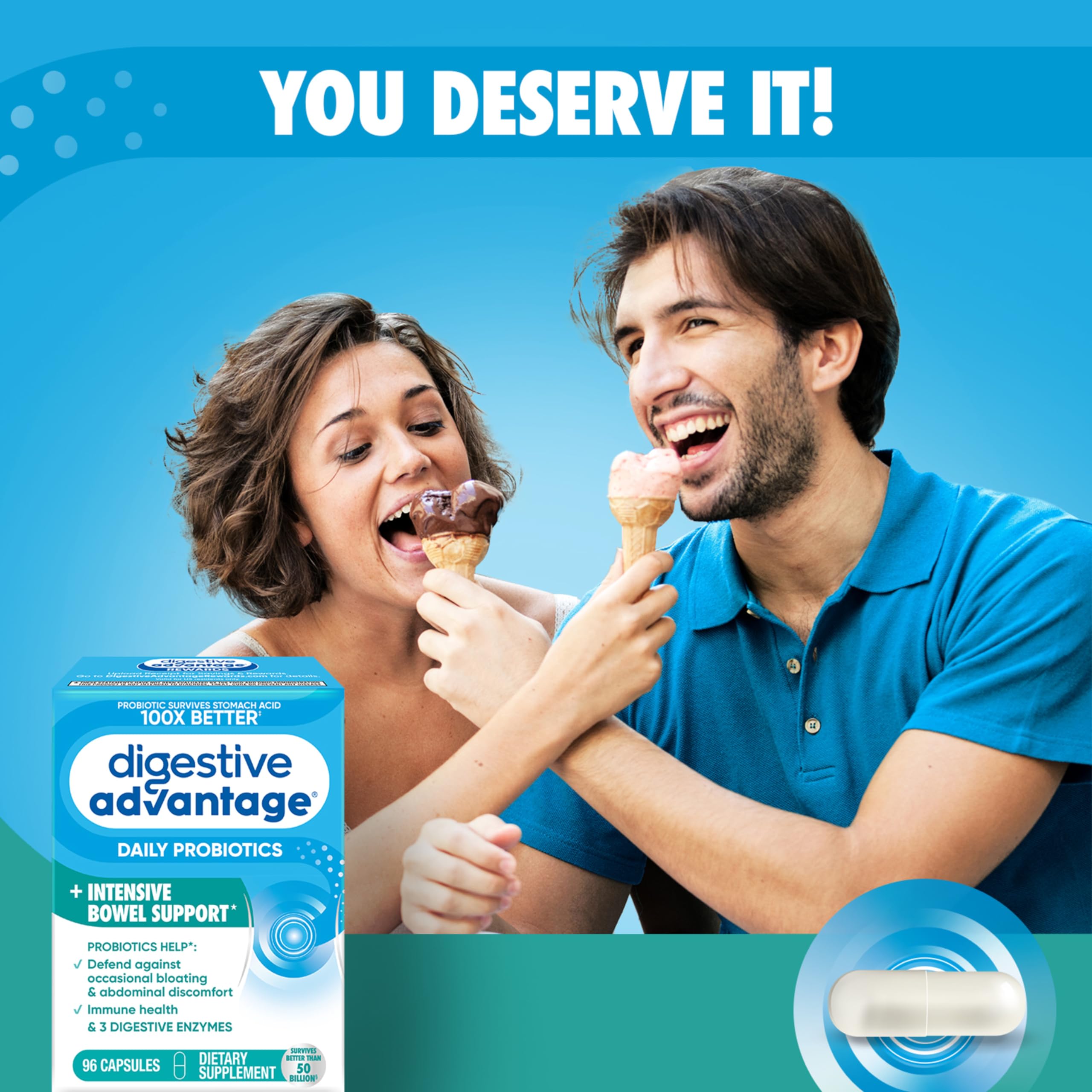 Persona tomando una cápsula Digestive Advantage para apoyo digestivo diario