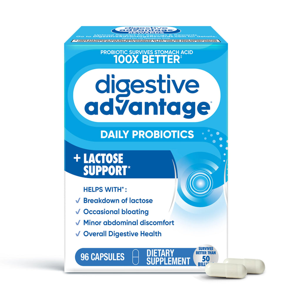 Digestive Advantage frasco delantero mostrando etiqueta y beneficios