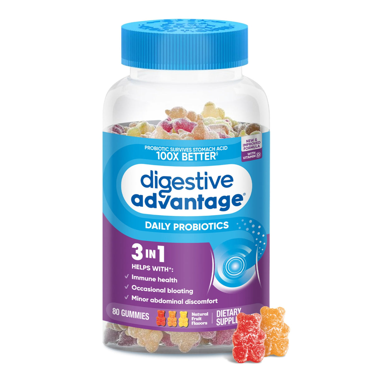 Digestive Advantage frasco delantero mostrando etiqueta y beneficios claramente