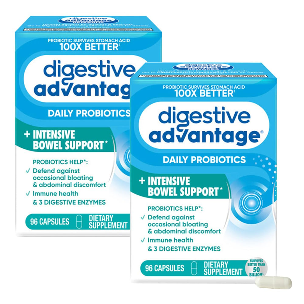 Digestive Advantage frente del empaque mostrando 96 cápsulas y beneficios