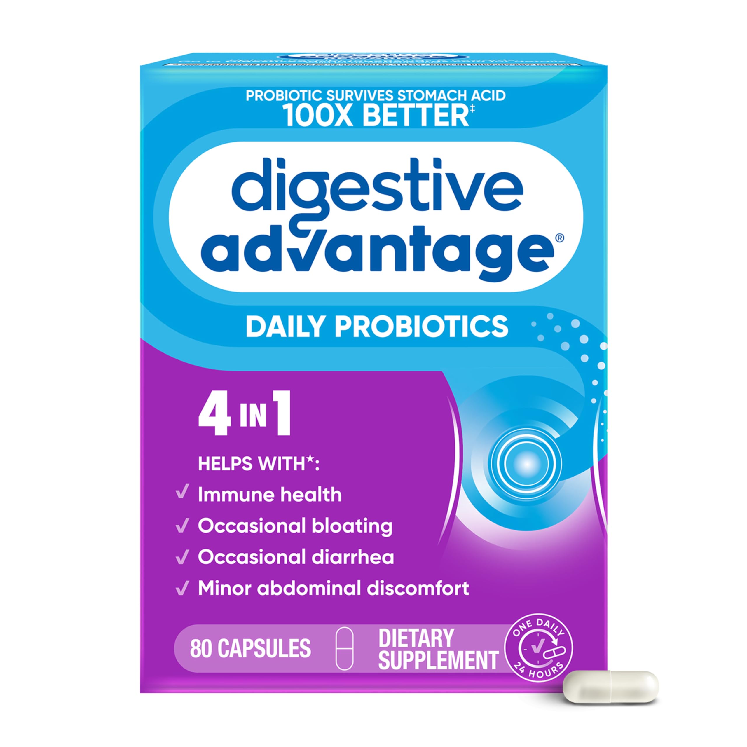Digestive Advantage frente del empaque mostrando el producto y beneficios