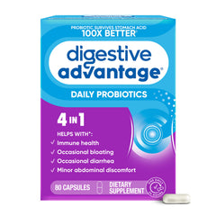 Digestive Advantage frente del empaque mostrando el producto y beneficios