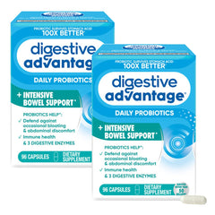 Digestive Advantage frente del empaque mostrando 96 cápsulas y beneficios
