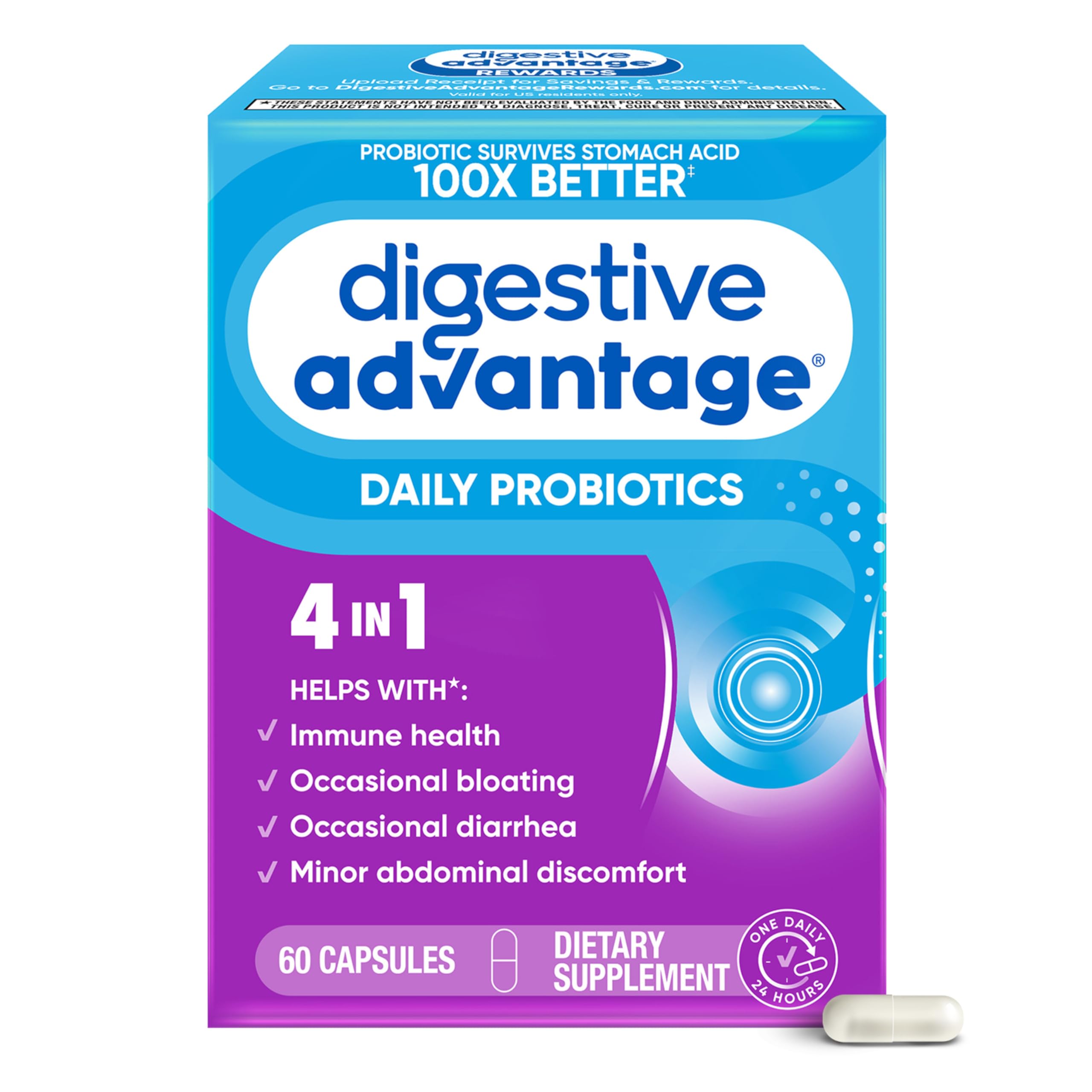 Digestive Advantage empaque frontal mostrando cápsulas y beneficios