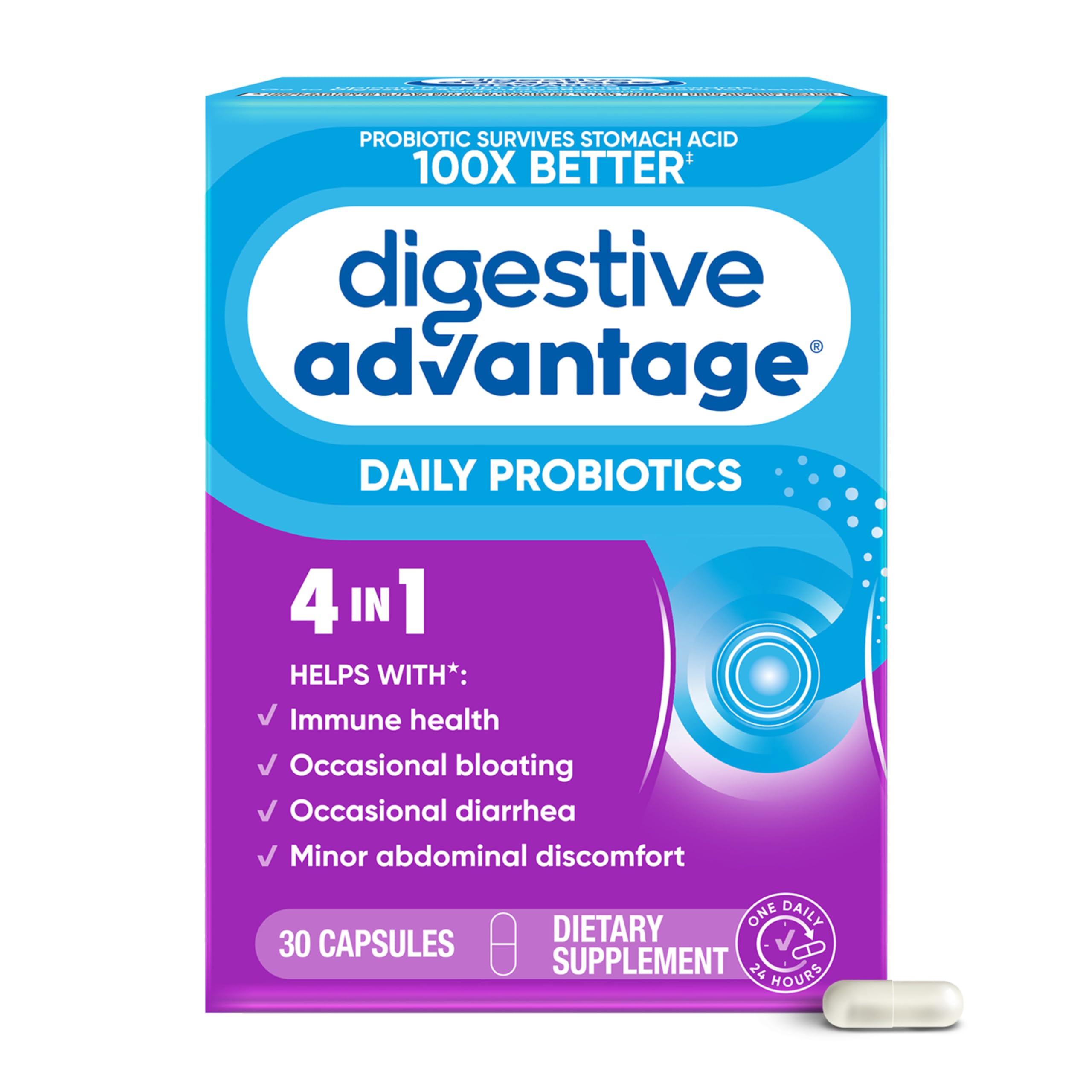 Digestive Advantage empaque frontal mostrando envase práctico y beneficios