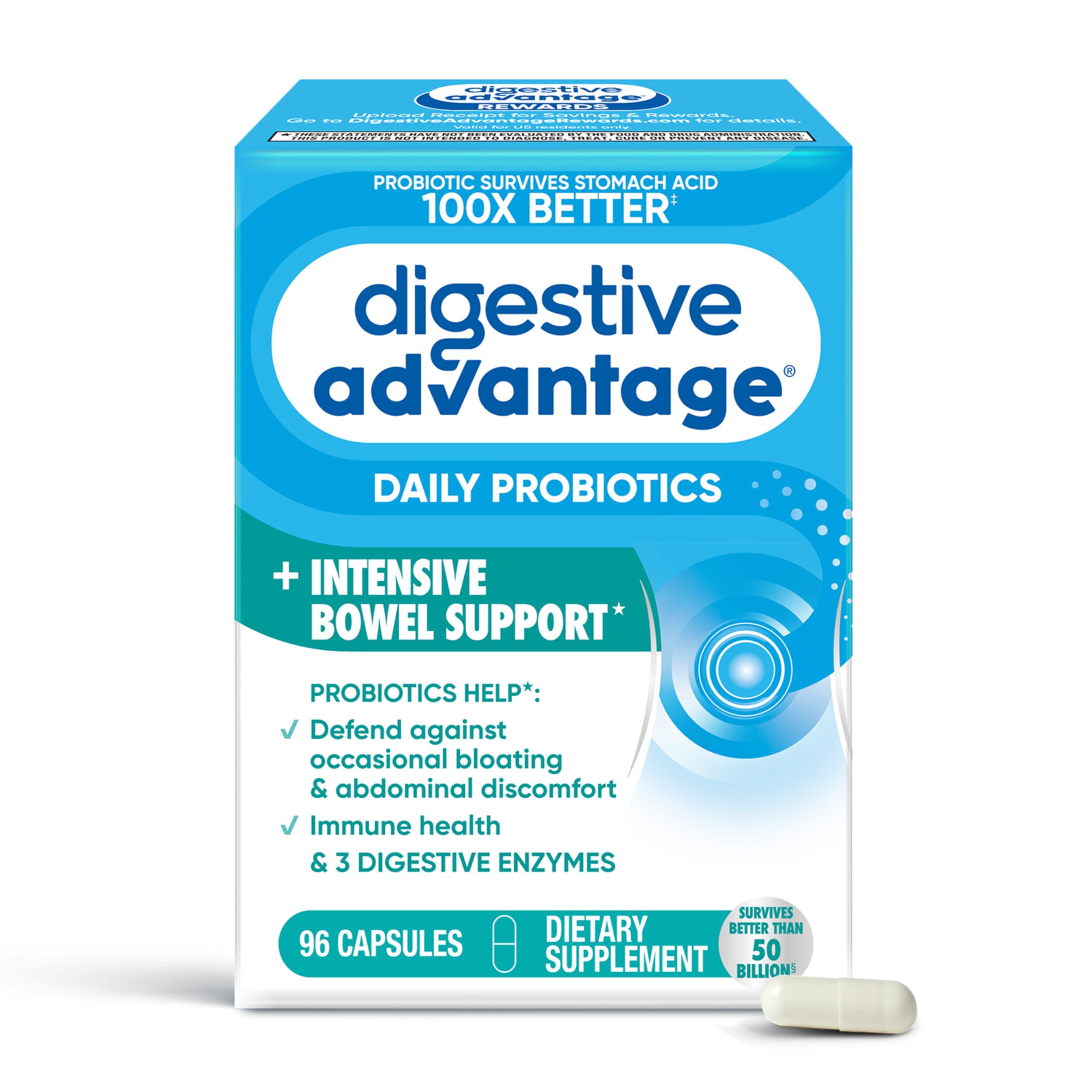 Digestive Advantage envase frontal mostrando 96 cápsulas y beneficio de soporte digestivo