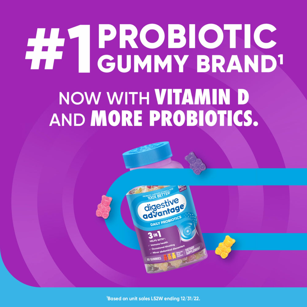 Gomita Digestive Advantage en mano ilustrando tamaño práctico y fácil consumo