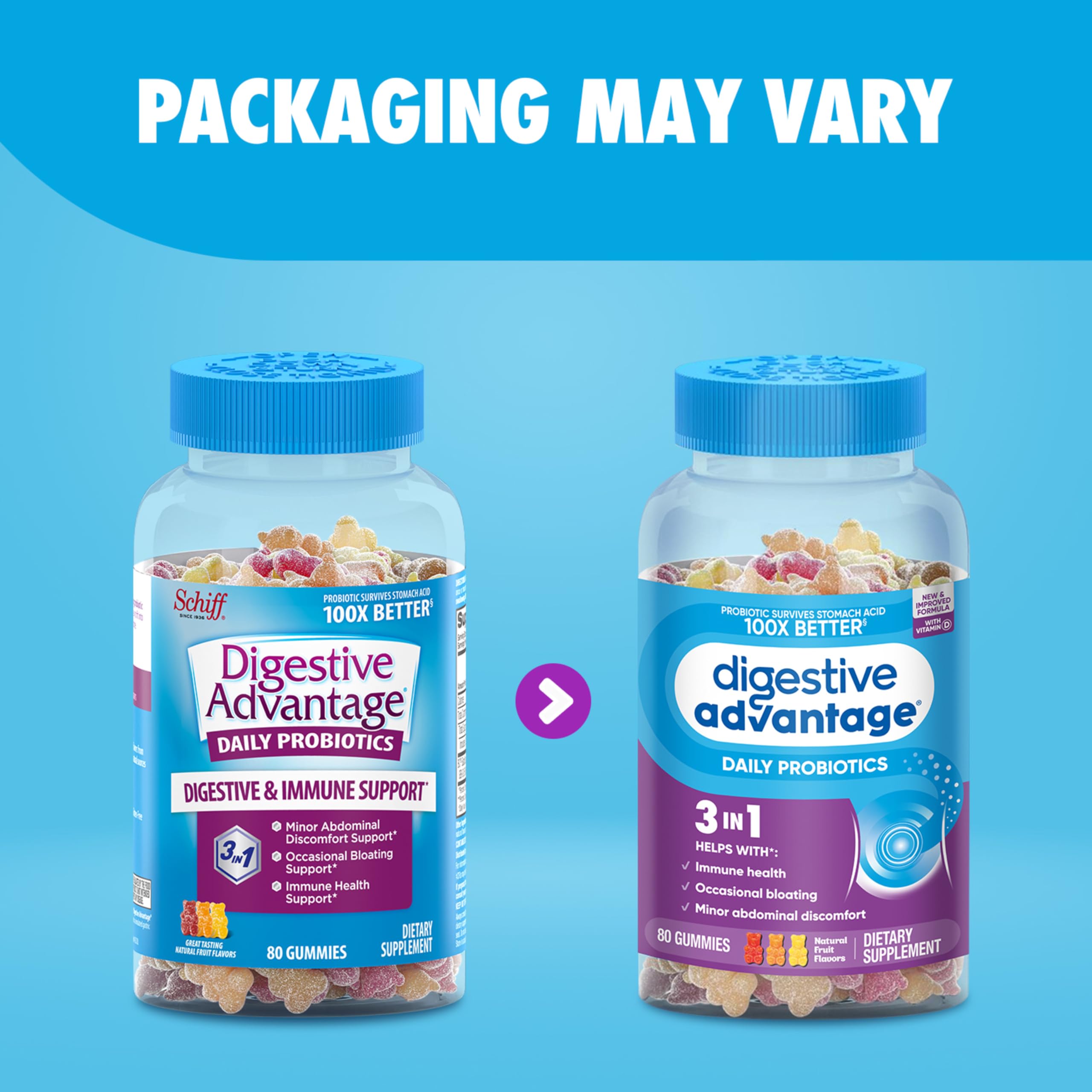 Gomitas Digestive Advantage dispersas sobre mesa resaltando aspecto apetecible