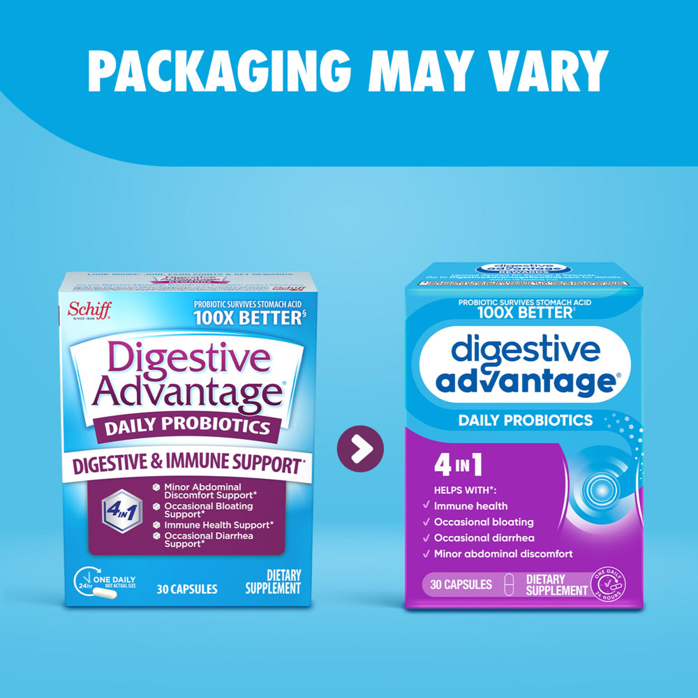 Etiqueta de Digestive Advantage con ingredientes y certificaciones claras