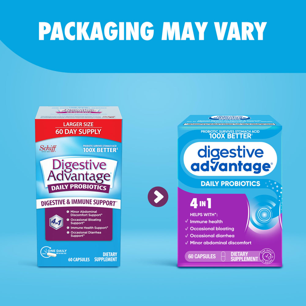 Comparación de tamaño de Digestive Advantage cápsula junto a moneda