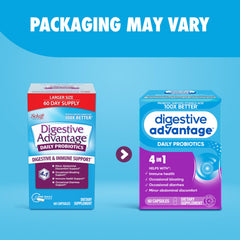 Comparación de tamaño de Digestive Advantage cápsula junto a moneda