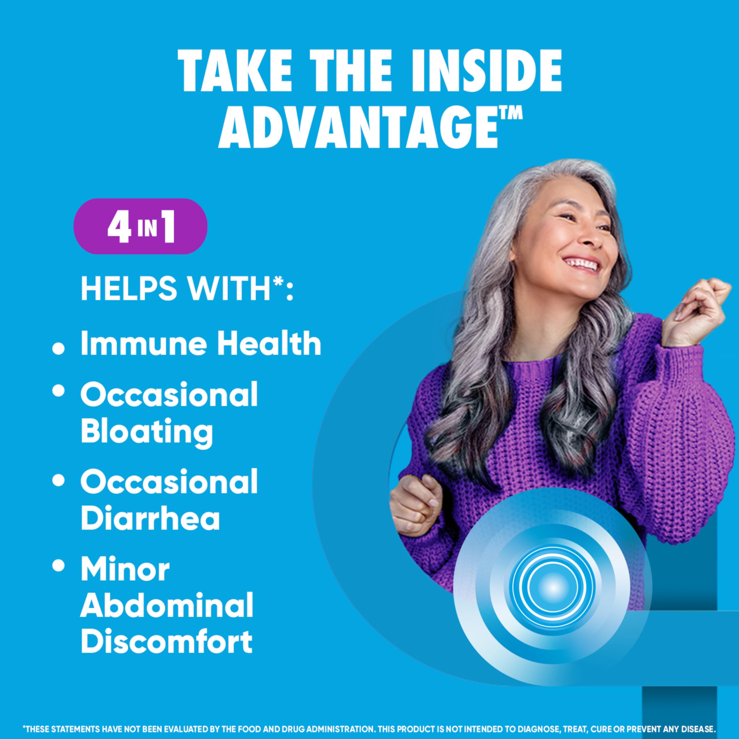 Digestive Advantage cápsula en la palma para mostrar textura y tamaño práctico