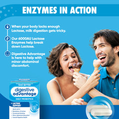 cápsula Digestive Advantage junto a yogur para ilustrar apoyo a lactosa