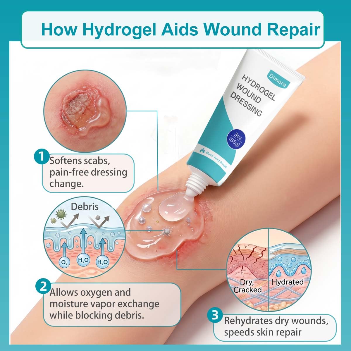 Dimora gel siendo aplicado en una mano para alivio y protección de la piel