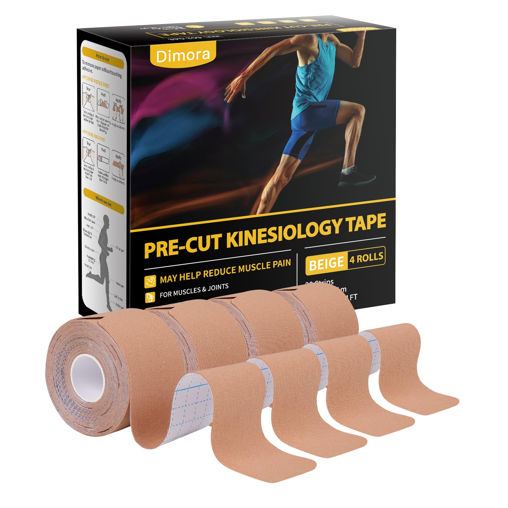 Dimora vista frontal del paquete mostrando 4 rollos y 80 tiras, práctico