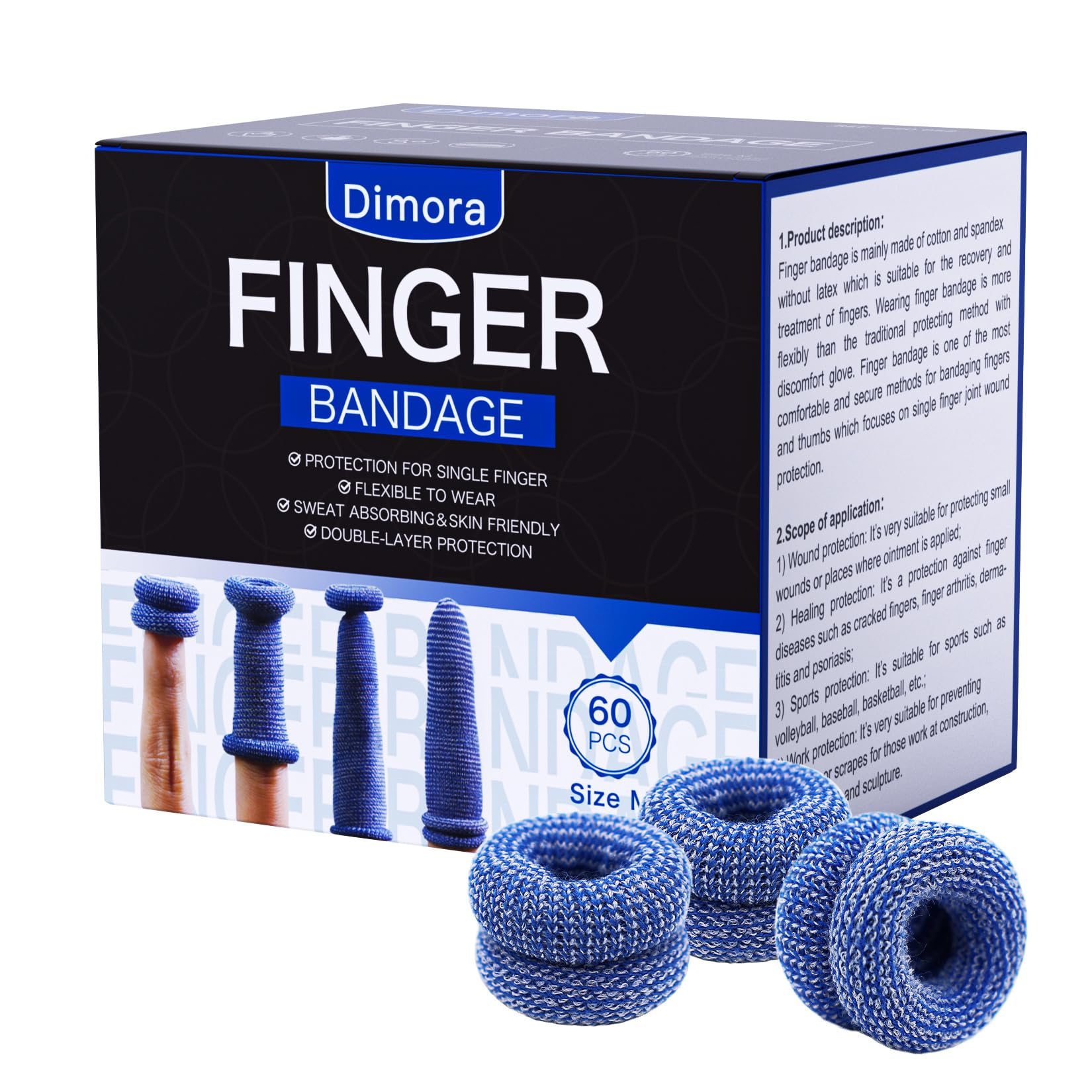 Dimora paquete frontal azul mostrando 60 fundas, protección práctica inmediata