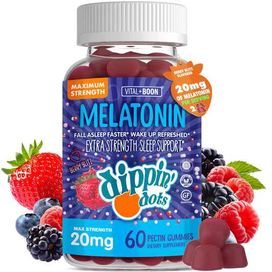 Vital+Boon frasco frontal Dippin' Dots, apariencia clara y beneficios de sueño