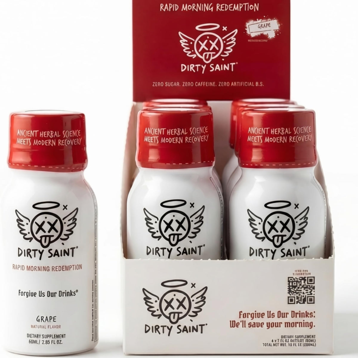 DIRTY SAINT packshot frontal mostrando botella y beneficios portátiles