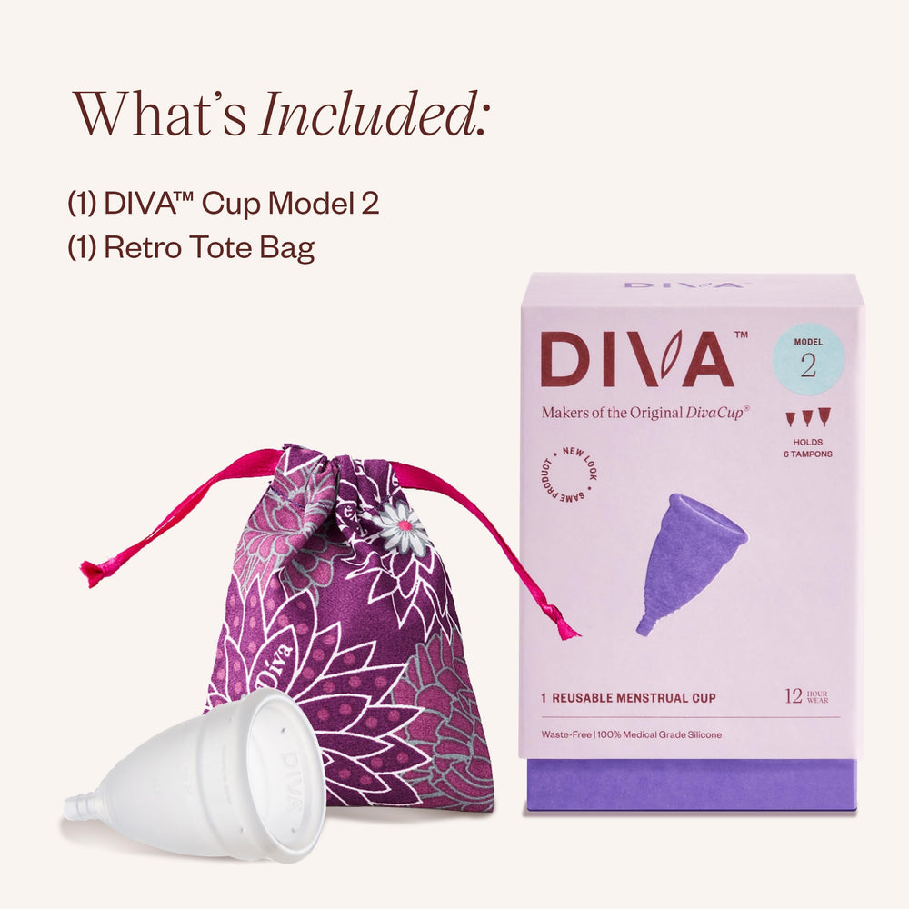 DIVA copa junto a Divapouch floral, transporte discreto y ventilado