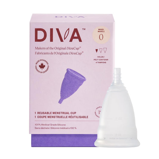 DIVA Cup frontal en empaque mostrando forma cómoda y segura