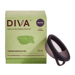 DivaCup empaque frontal mostrando el disco y beneficios ecológicos