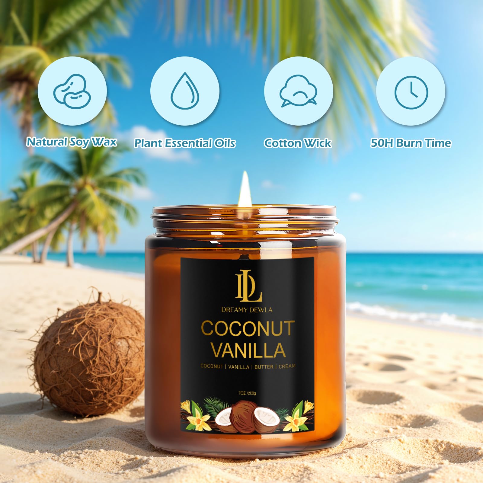 DL DREAMY DEWLA vela encendida creando luz cálida y aroma relajante