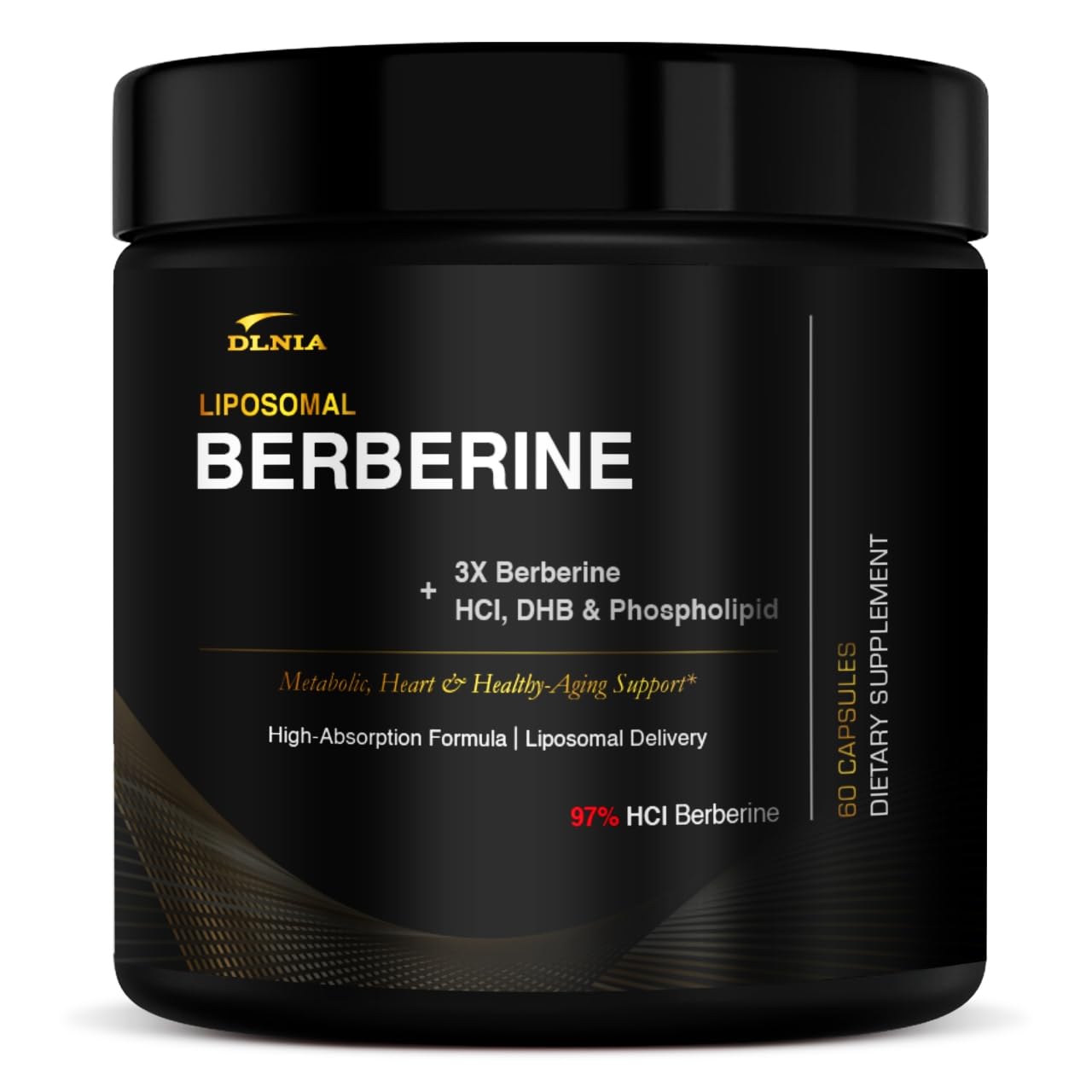DLNIA frasco frontal liposomal berberina mostrando diseño y beneficios
