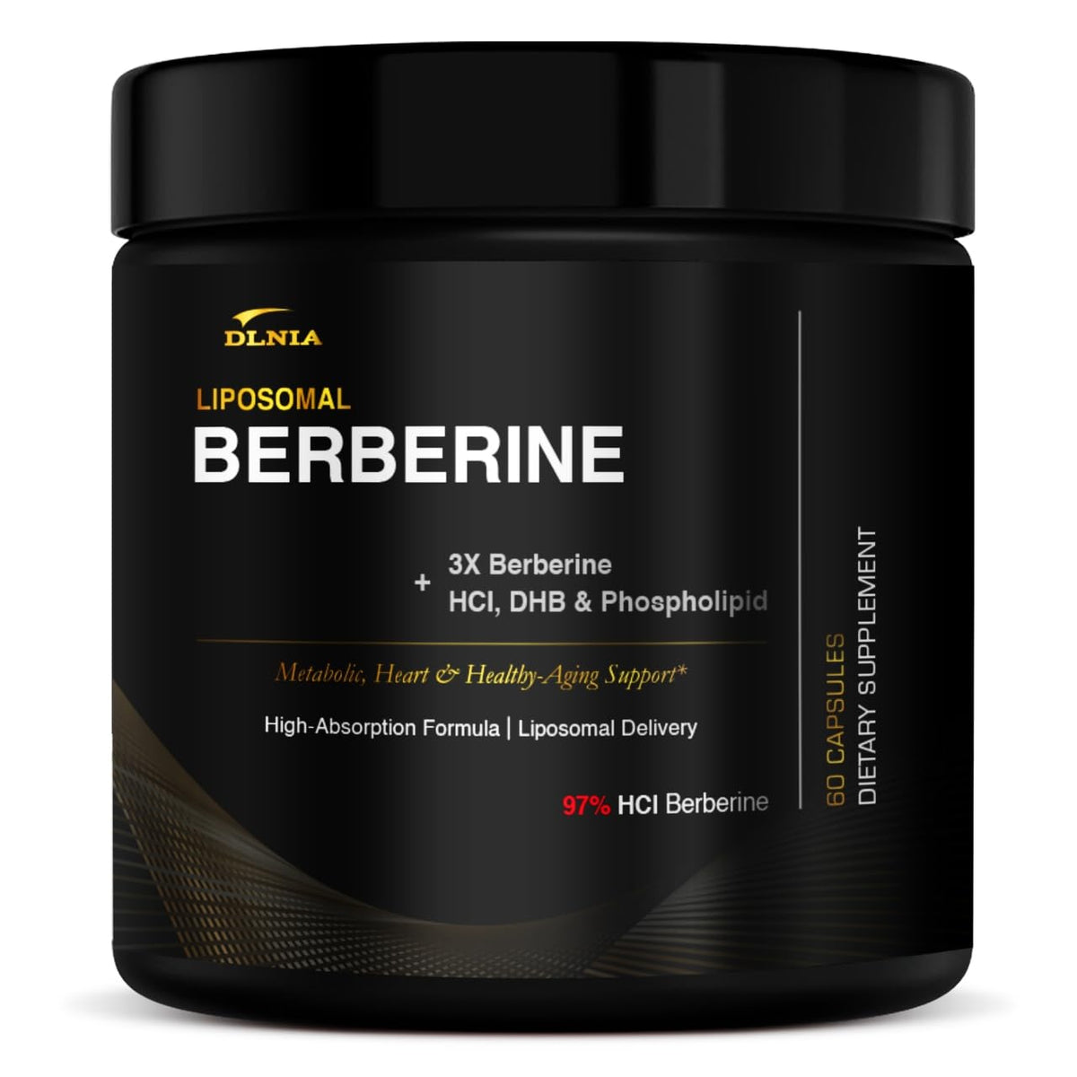 DLNIA frasco frontal liposomal berberina mostrando diseño y beneficios