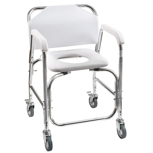 DMI silla de ducha vista frontal que facilita transferencias seguras