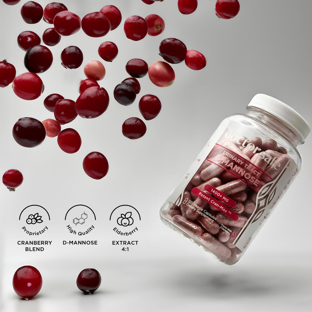 DOCTOR SAFE etiqueta de ingredientes con D‑Mannose y cranberry, trazabilidad visible
