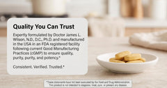 Doctor Wilson's etiqueta informativa con ingredientes y cumplimiento cGMP verificados