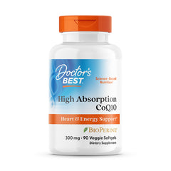 Doctor's BEST frasco frontal CoQ10 300 mg mostrando etiqueta y beneficio energético