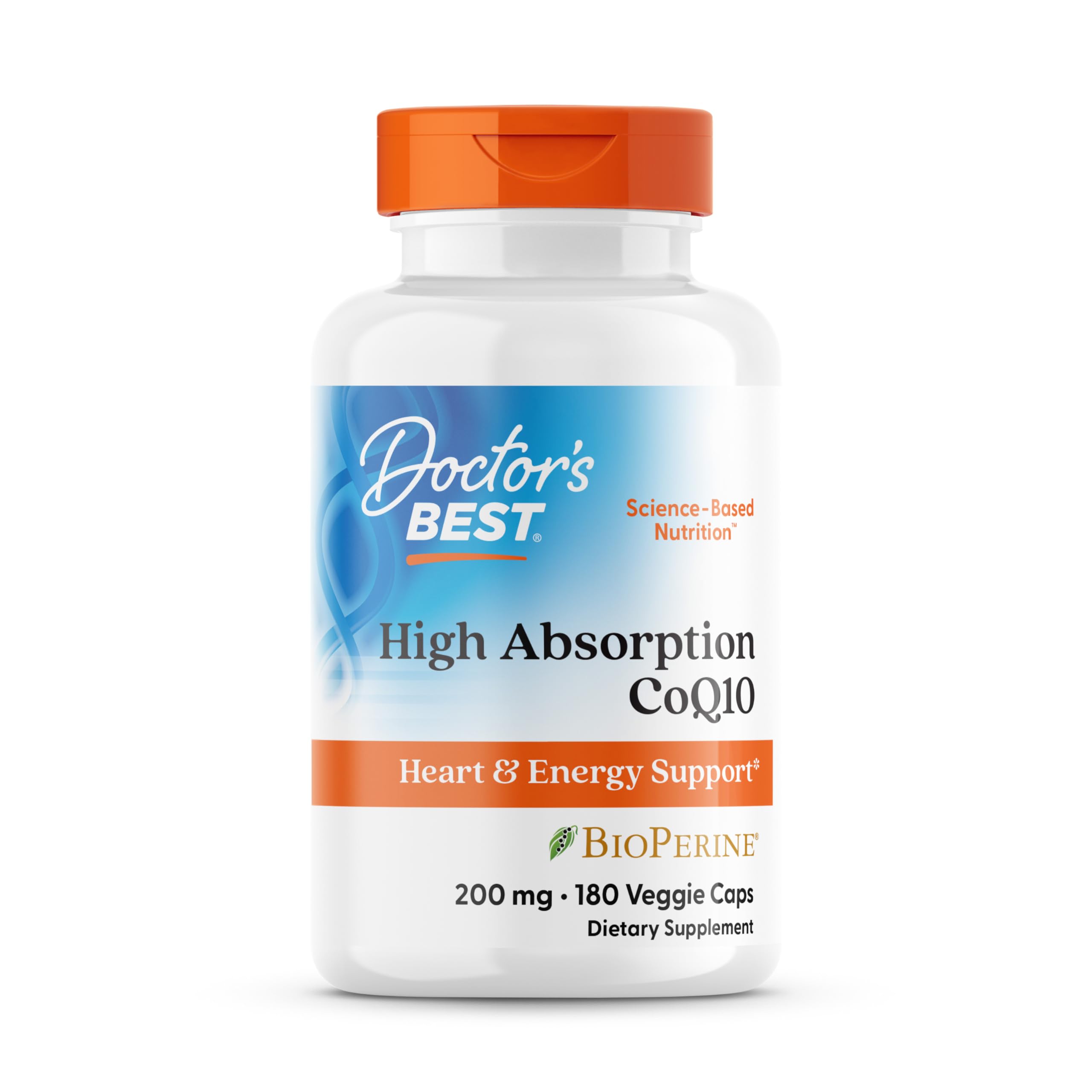 Doctor's BEST frasco frontal de CoQ10 200 mg mostrando envase claro y ventaja de alta absorción