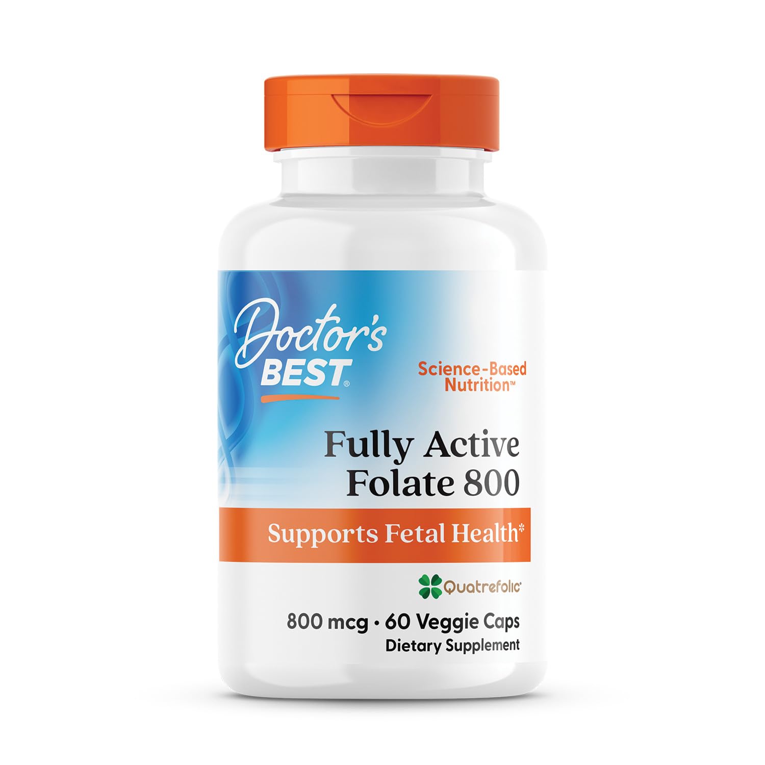 Doctor's BEST frente del envase con folato 800 mcg que transmite confianza