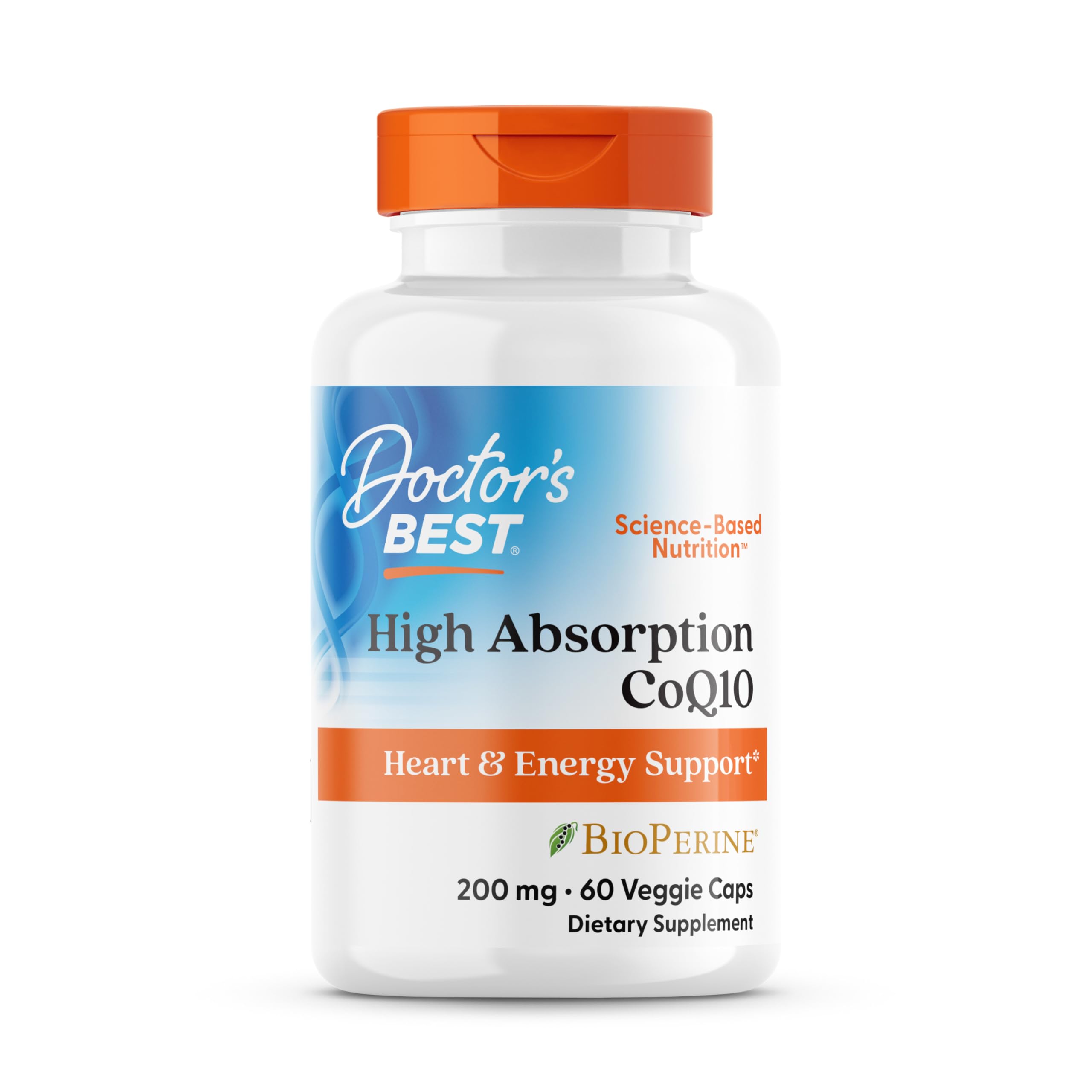 Doctor's BEST frontal del envase CoQ10 mostrando dosis y beneficios